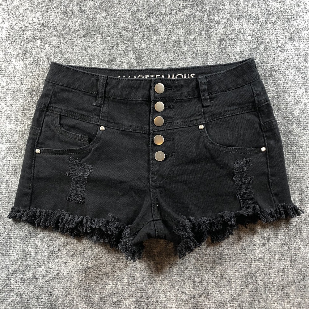 Almost Famous Shorts Womens 7‎ Black High Rise Button Fly Distressed Denim Fray